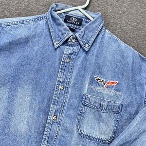 Corvette Vantage Shirt Mens Large Blue Denim Long Sleeve Button Down Embroidered